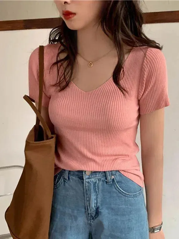 Solid V-neck Sweater Top