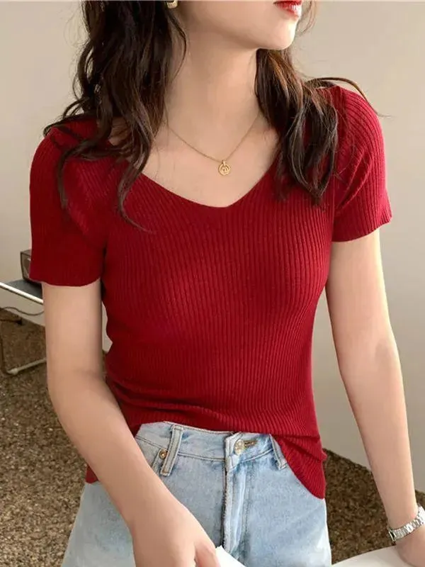 Solid V-neck Sweater Top