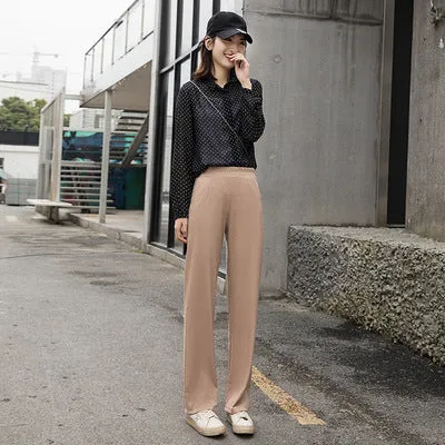 Western Ice Silk Wide Leg Pants Women High Waist Drape Loose Straight Long Student Slim-Look Floor Length Pants