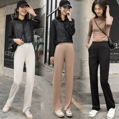 Western Ice Silk Wide Leg Pants Women High Waist Drape Loose Straight Long Student Slim-Look Floor Length Pants