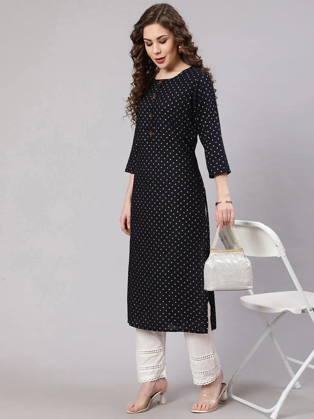 Women Navy Blue Rayon Straight Kurta