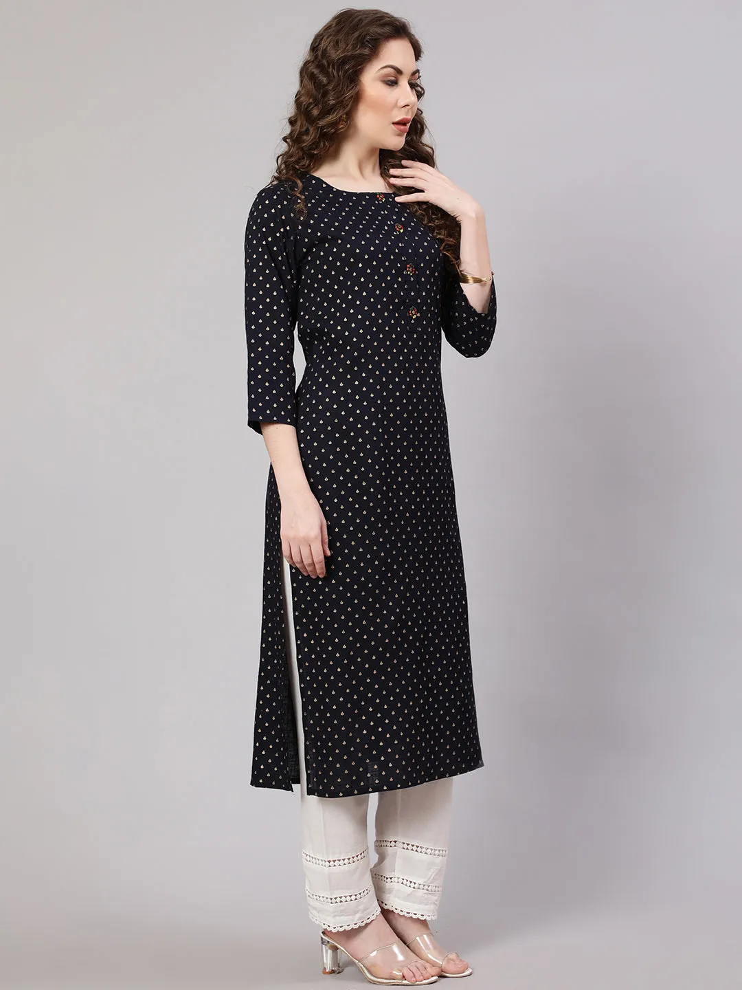 Women Navy Blue Rayon Straight Kurta