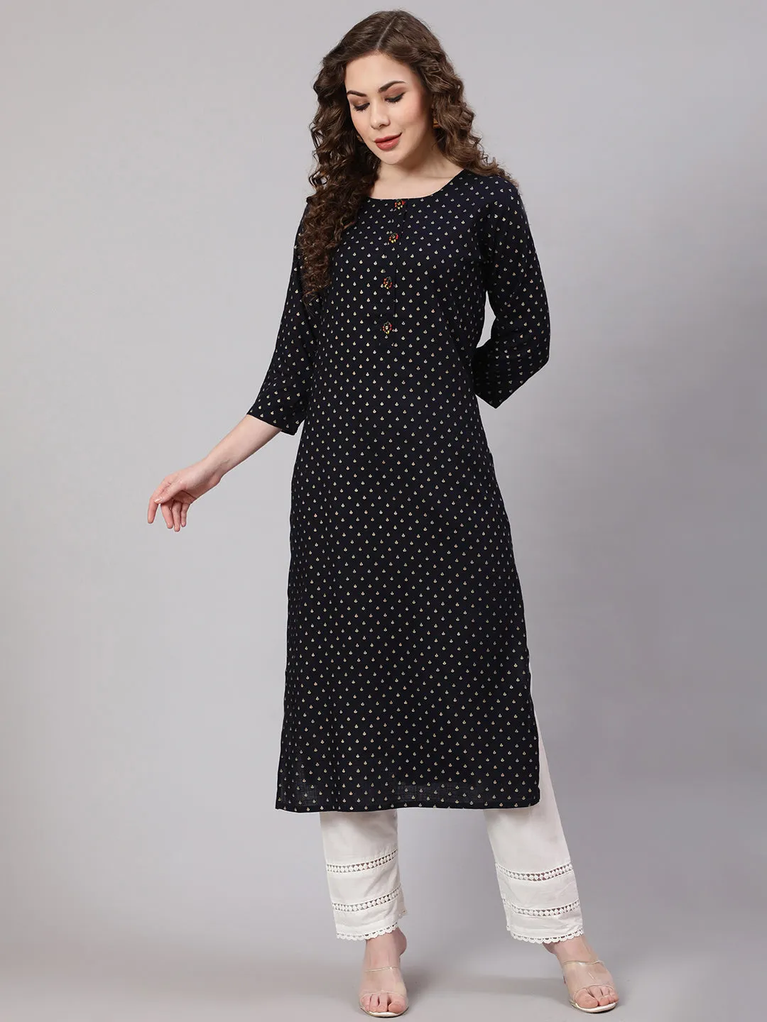 Women Navy Blue Rayon Straight Kurta