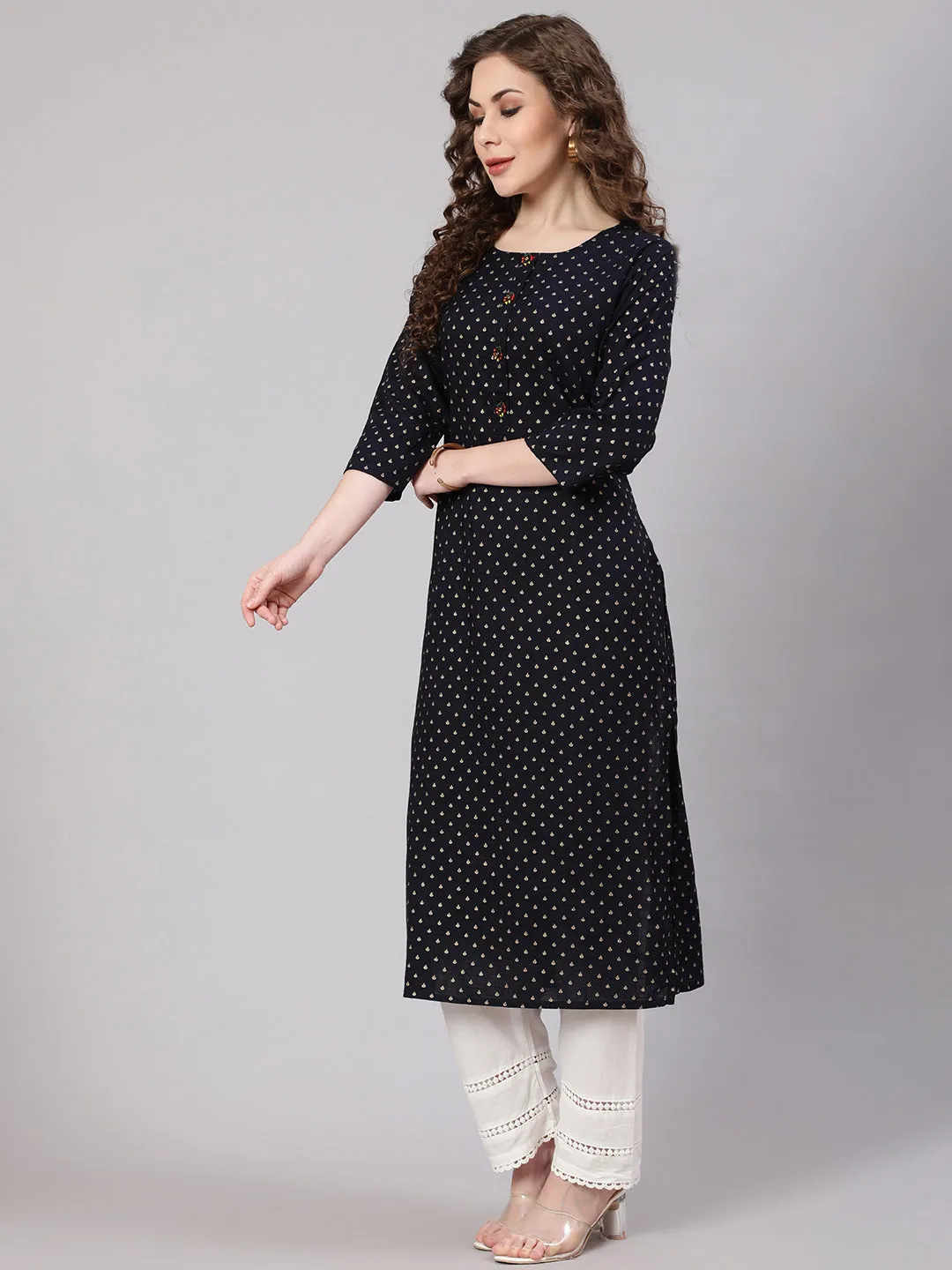 Women Navy Blue Rayon Straight Kurta