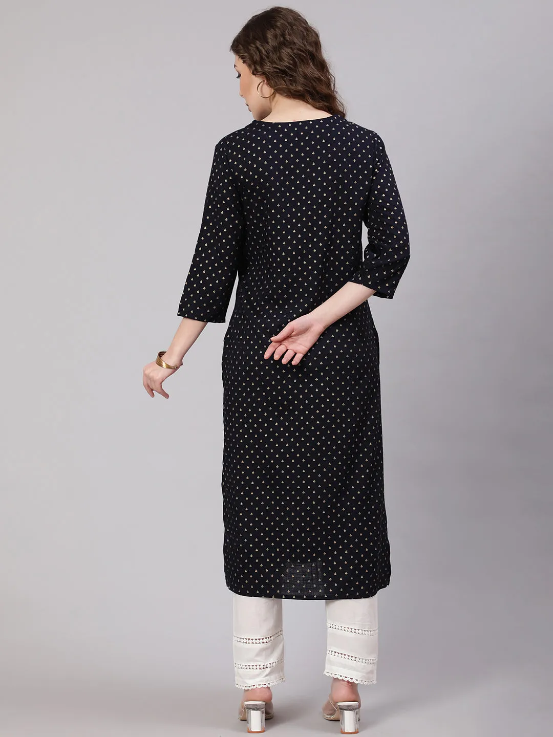 Women Navy Blue Rayon Straight Kurta