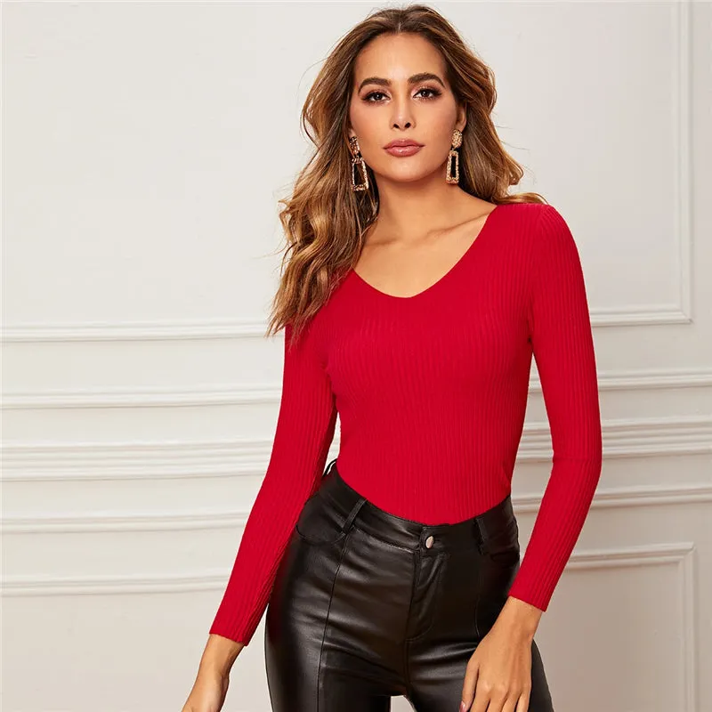 Women's Autumn Casual V-Neck Slim Stretchy Pullover