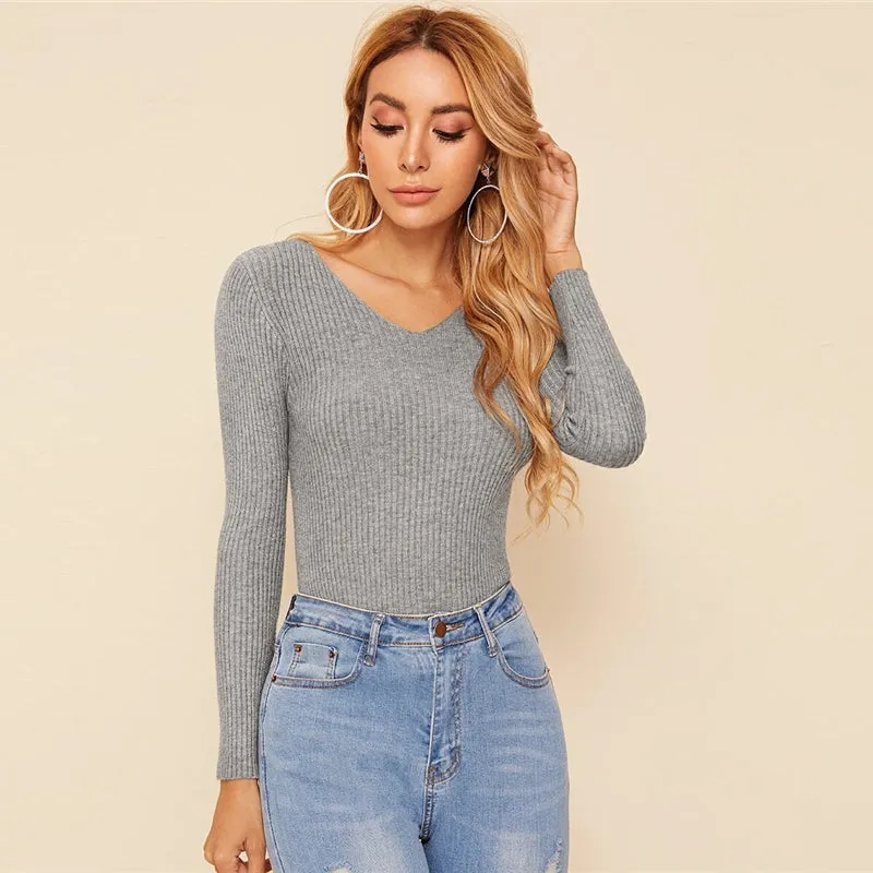 Women's Autumn Casual V-Neck Slim Stretchy Pullover