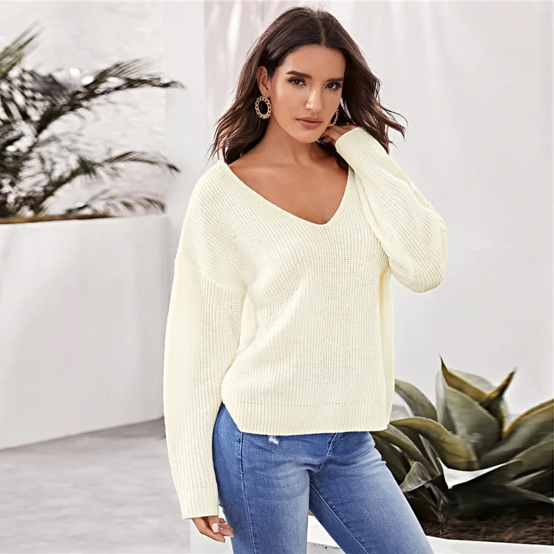 Women's Spring V-Neck Long-Sleeved Backless Sweater