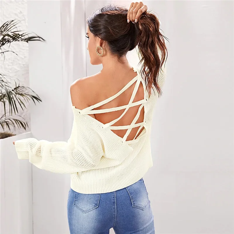 Women's Spring V-Neck Long-Sleeved Backless Sweater