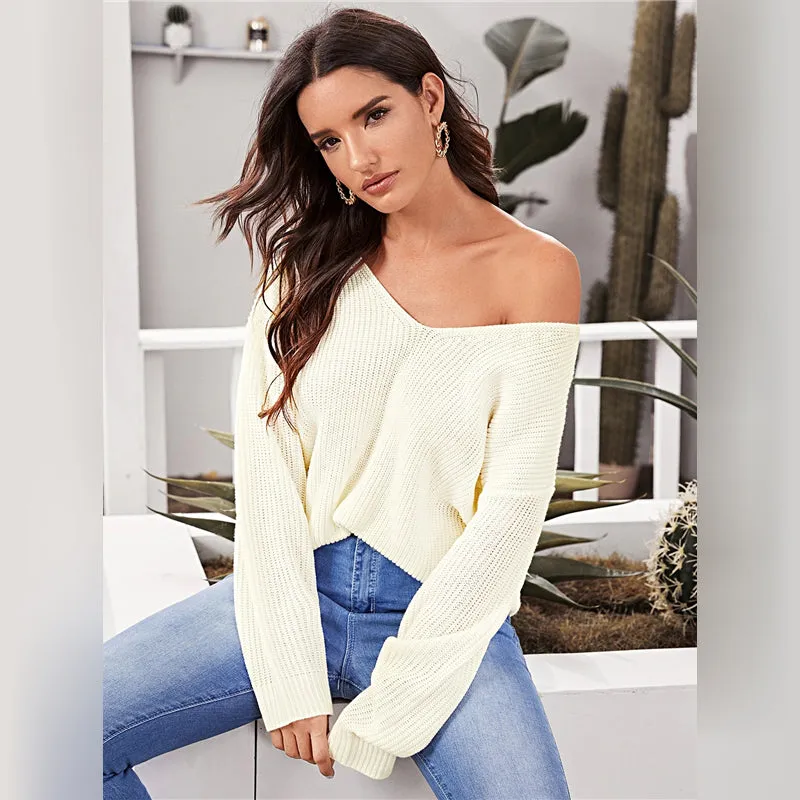 Women's Spring V-Neck Long-Sleeved Backless Sweater