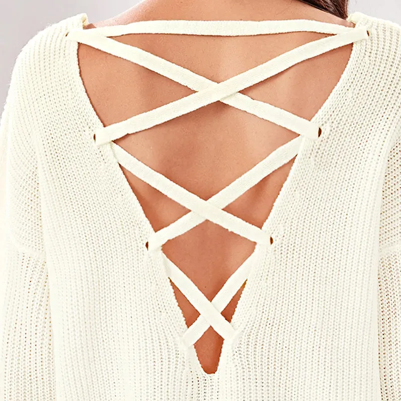 Women's Spring V-Neck Long-Sleeved Backless Sweater